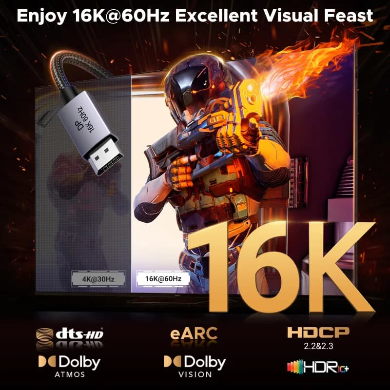 Kabel DisplayPort 2.1, Sokongan Video 8K 60Hz HDR