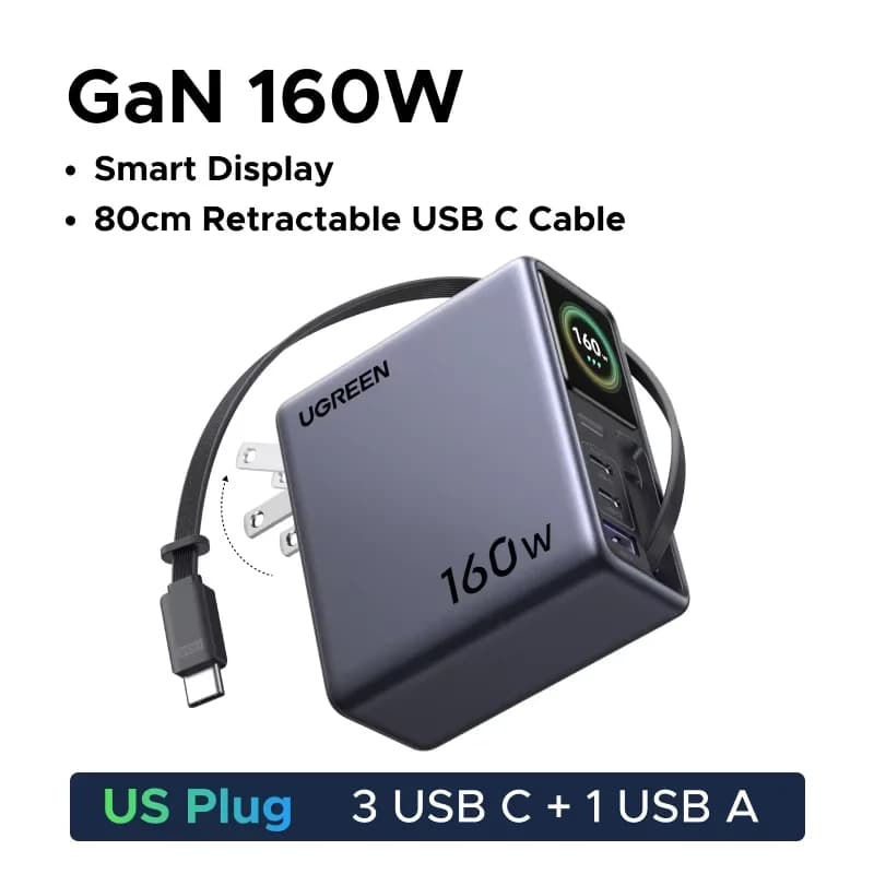 Pengecas GaN 160W dengan Kabel Boleh Tarik dan Paparan