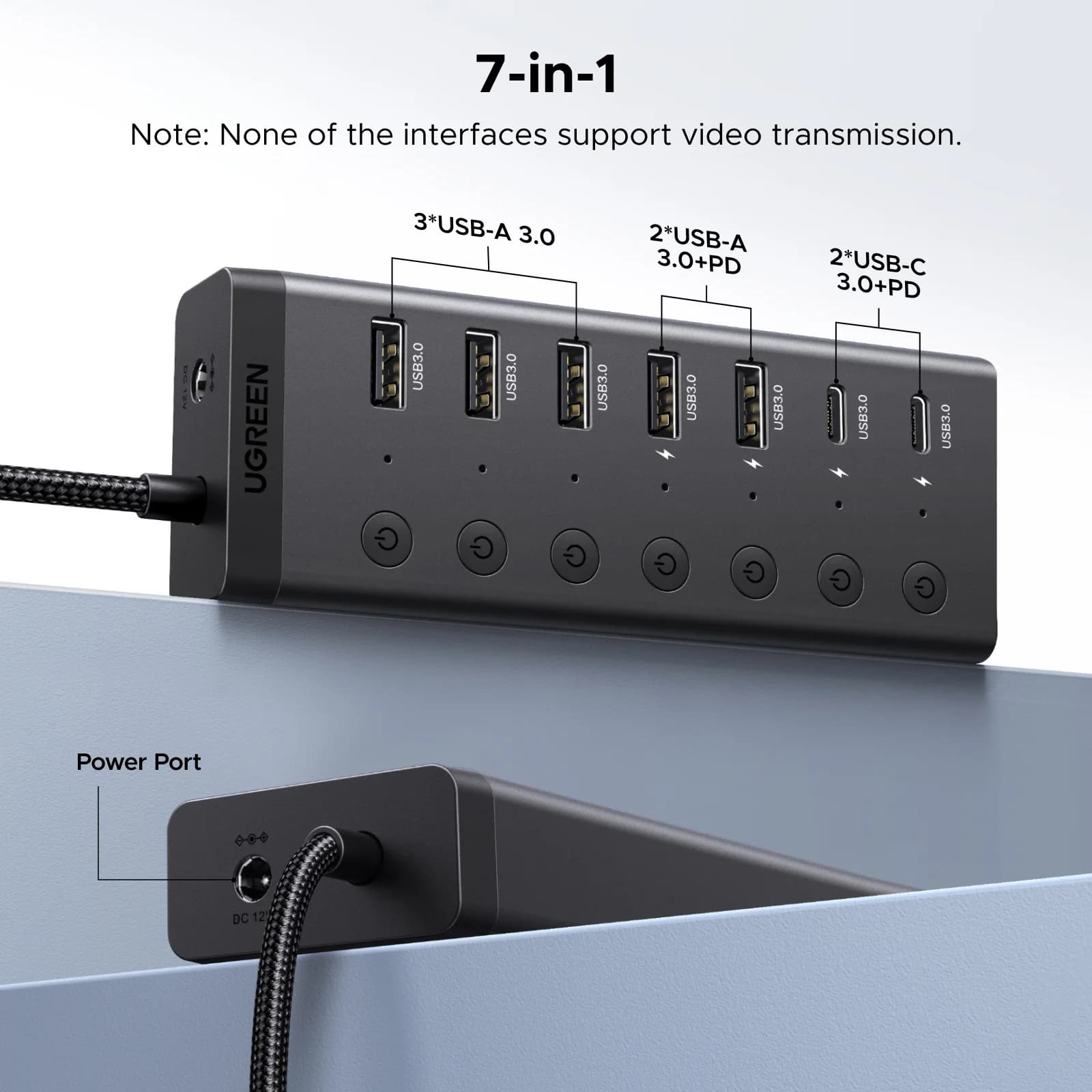 Hub USB 3.0 7-Port dengan Penyesuai Kuasa DC