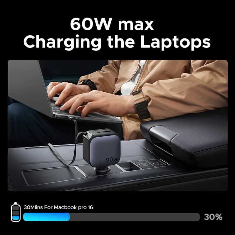 Pengecas Kereta USB-C 145W dengan Kabel Boleh Tarik Balik