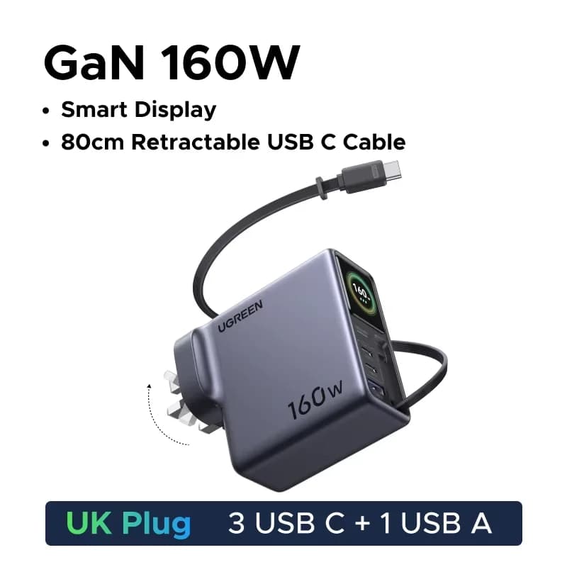 Pengecas GaN 160W dengan Kabel Boleh Tarik dan Paparan
