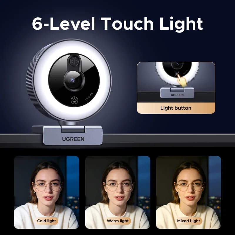 Webcam USB 4K dengan Lampu Ring Sentuh dan Penutup Privasi