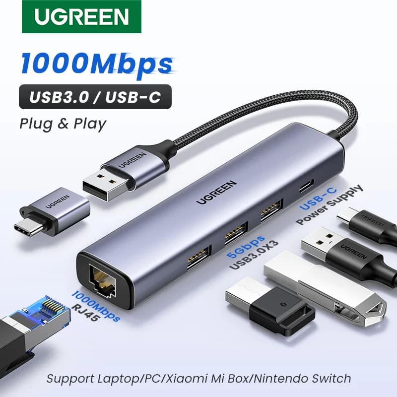 Adaptor Ethernet USB-C dengan RJ45 1000Mbps dan Hub USB
