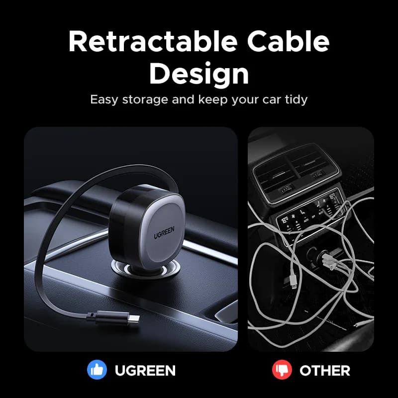 Pengecas Kereta 75W dengan Kabel Boleh Tarik 2-dalam-1