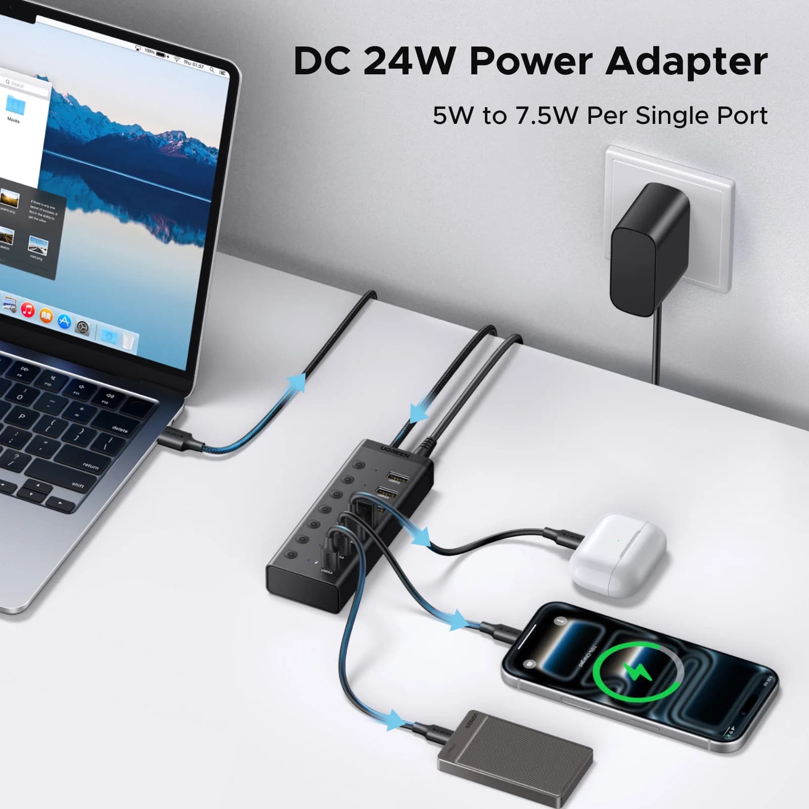 Hub USB 3.0 7-Port dengan Penyesuai Kuasa DC