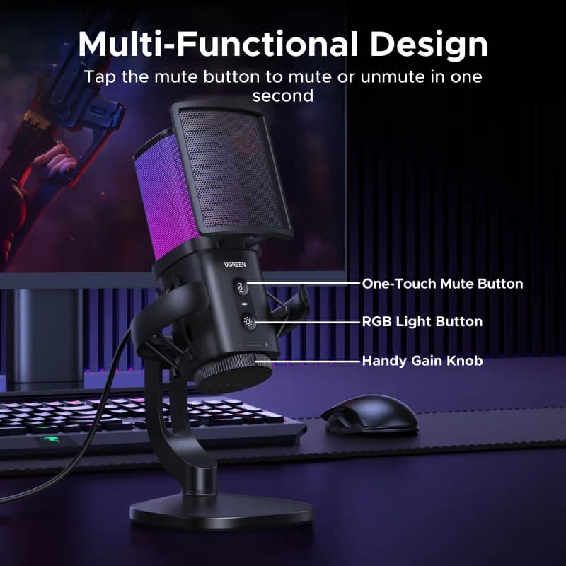 Mikrofon USB dengan Butang Senyap Sentuh dan Pencahayaan RGB