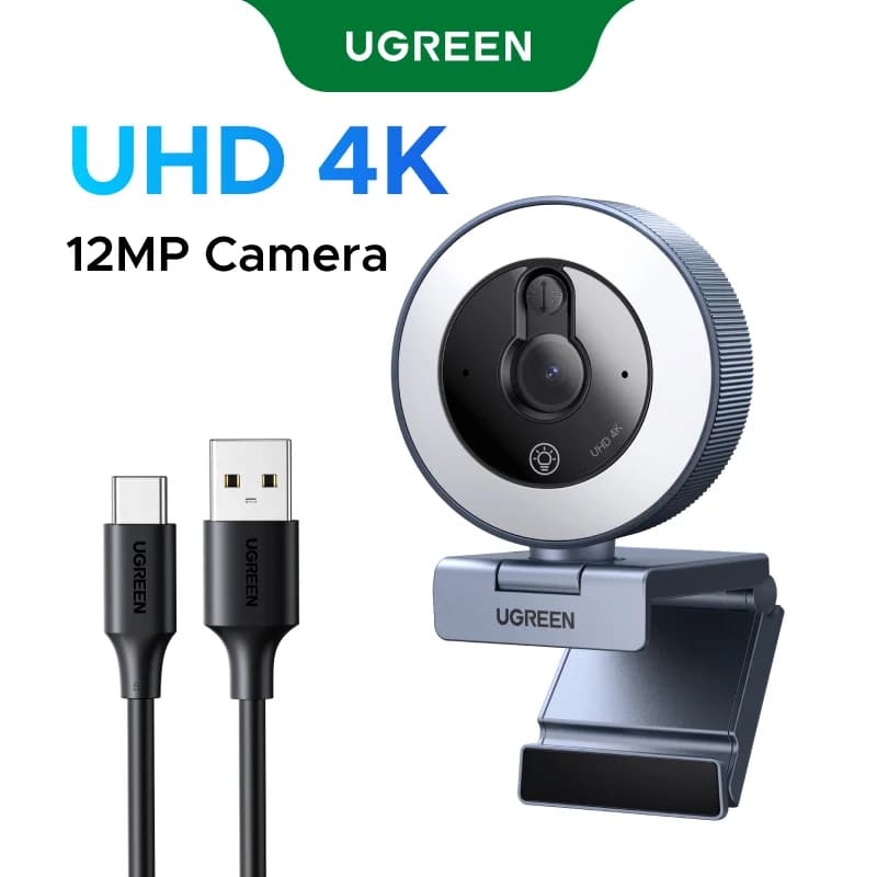 Webcam USB 4K dengan Lampu Ring Sentuh dan Penutup Privasi