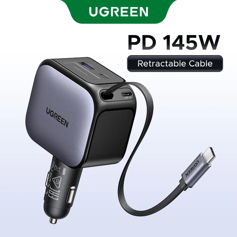 Pengecas Kereta 145W dengan 3 Port USB-C dan Kabel Boleh Tarik Balik