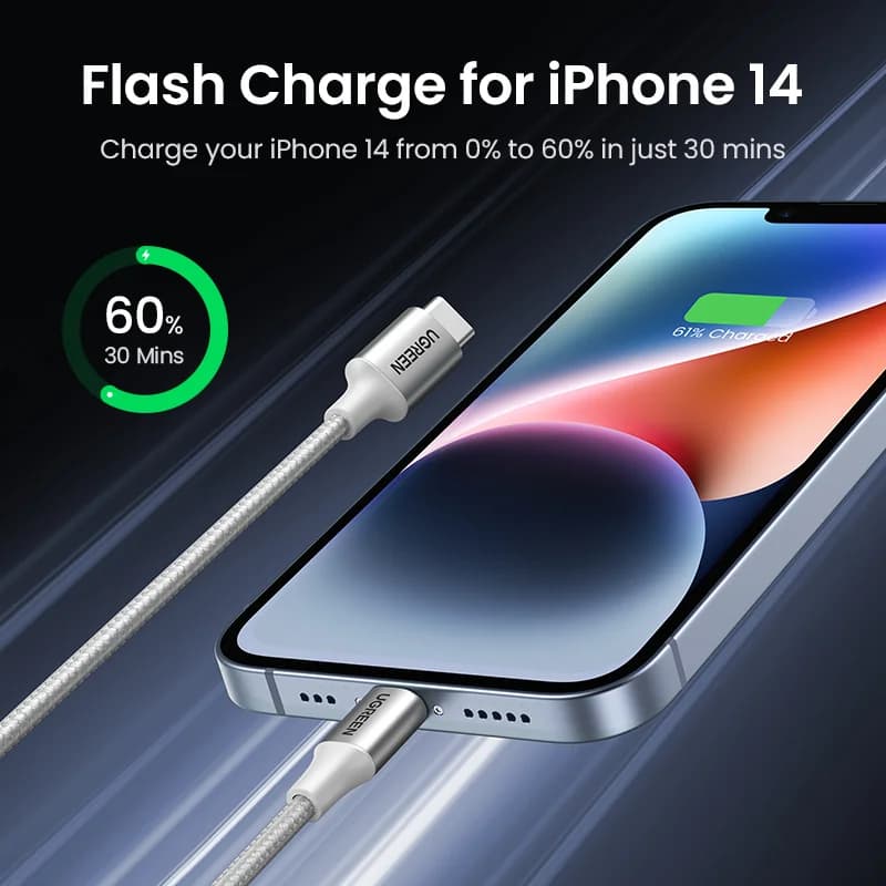 Kabel USB-C ke Lightning MFi, Pengecasan Pantas PD 30W