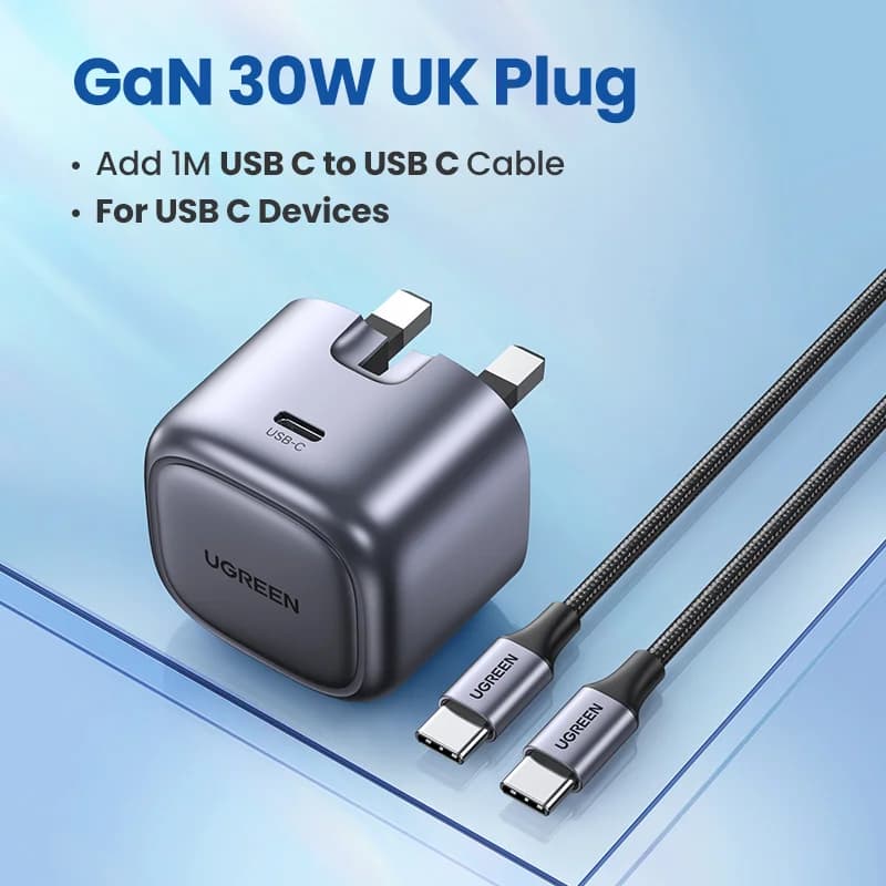 Pakej Pengecas Pantas GaN 30W dengan Kabel USB-C 1m