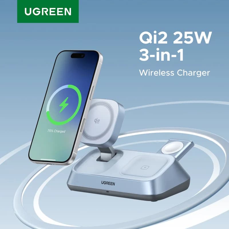 Kedudukan Pengecas Wayarless Magnetik Qi2 3-dalam-1