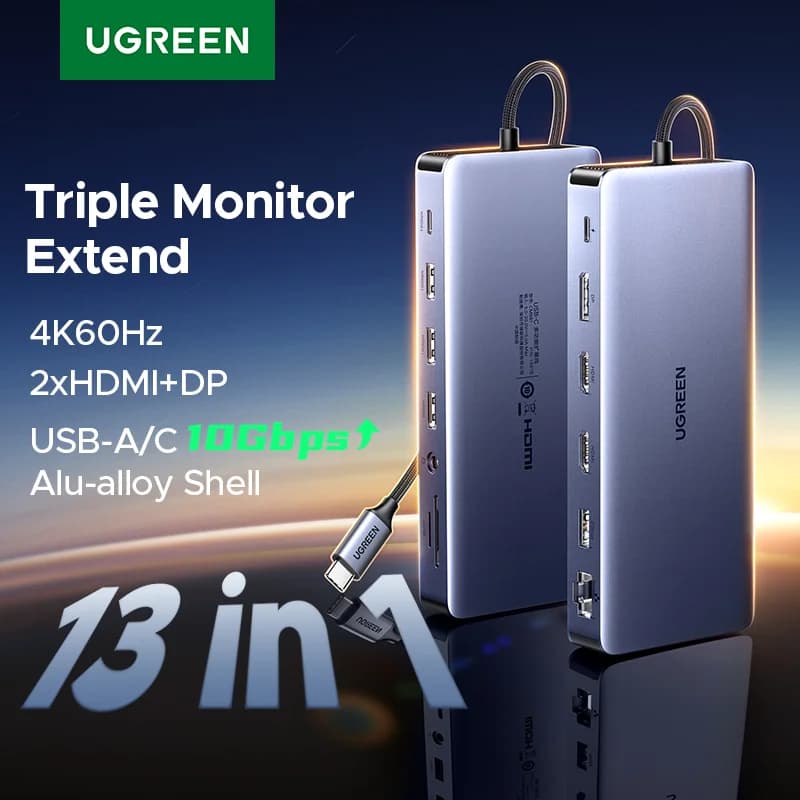 Dok USB-C 13-dalam-1 dengan Paparan Tiga Skrin dan RJ45
