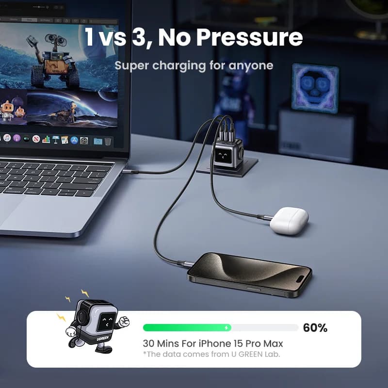 Pengecas Pantas USB-C GaN 65W dengan Palam UK