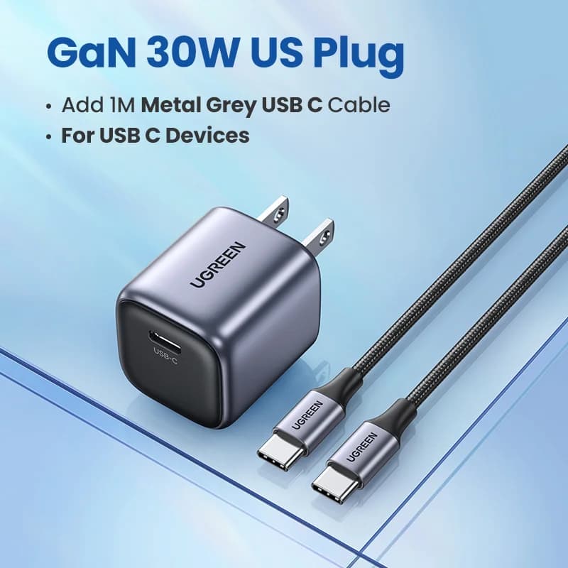 Pakej Pengecas Pantas GaN 30W dengan Kabel USB-C 1m