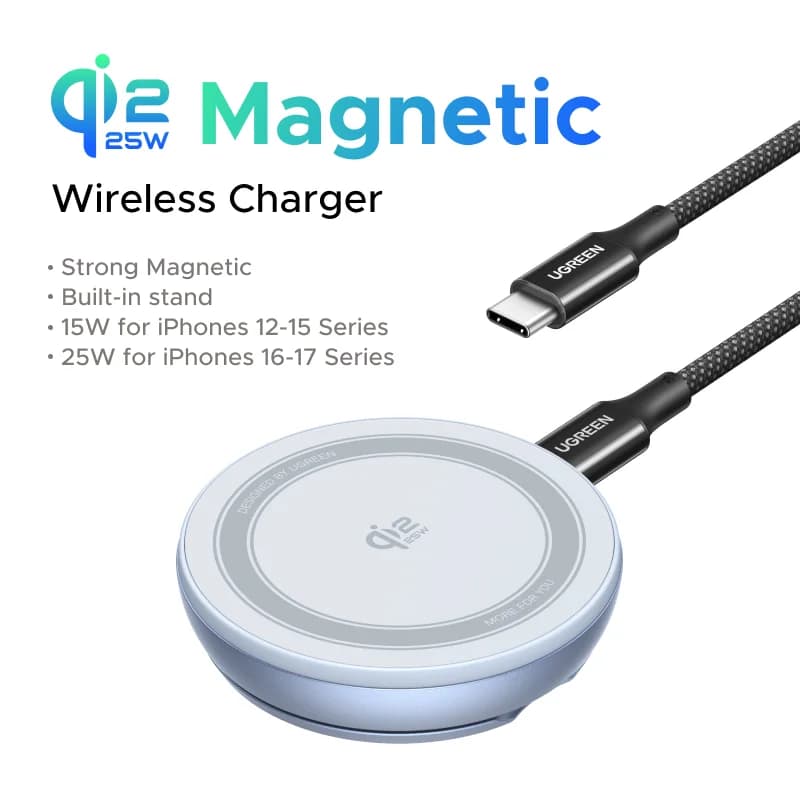 Pad Pengecasan Tanpa Wayar Magnetik Qi2 dengan Penyangga, 25W