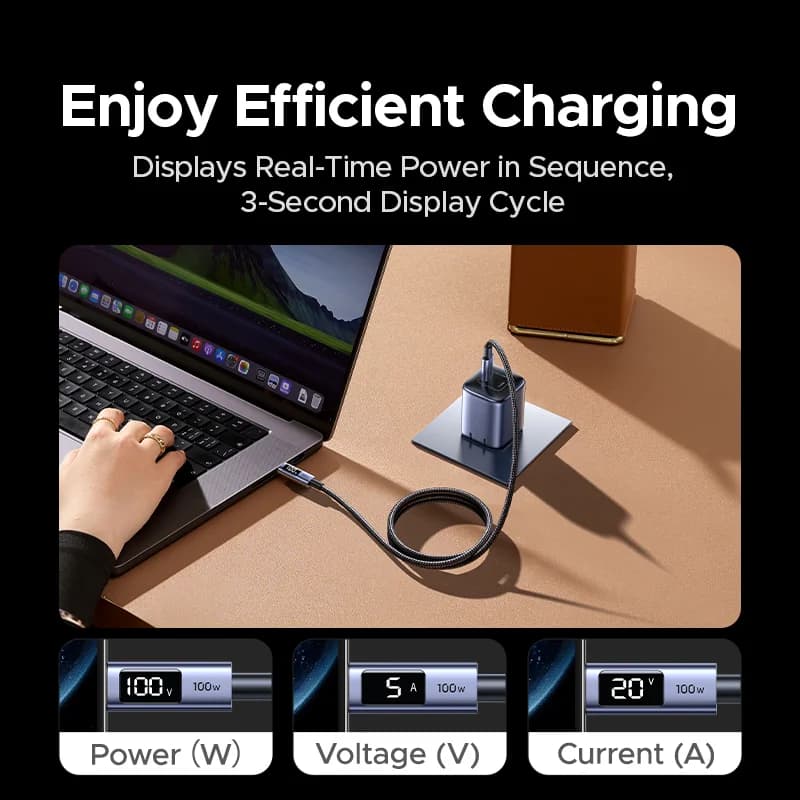 Kabel USB-C ke USB-C, PD 100W dengan Paparan Digital