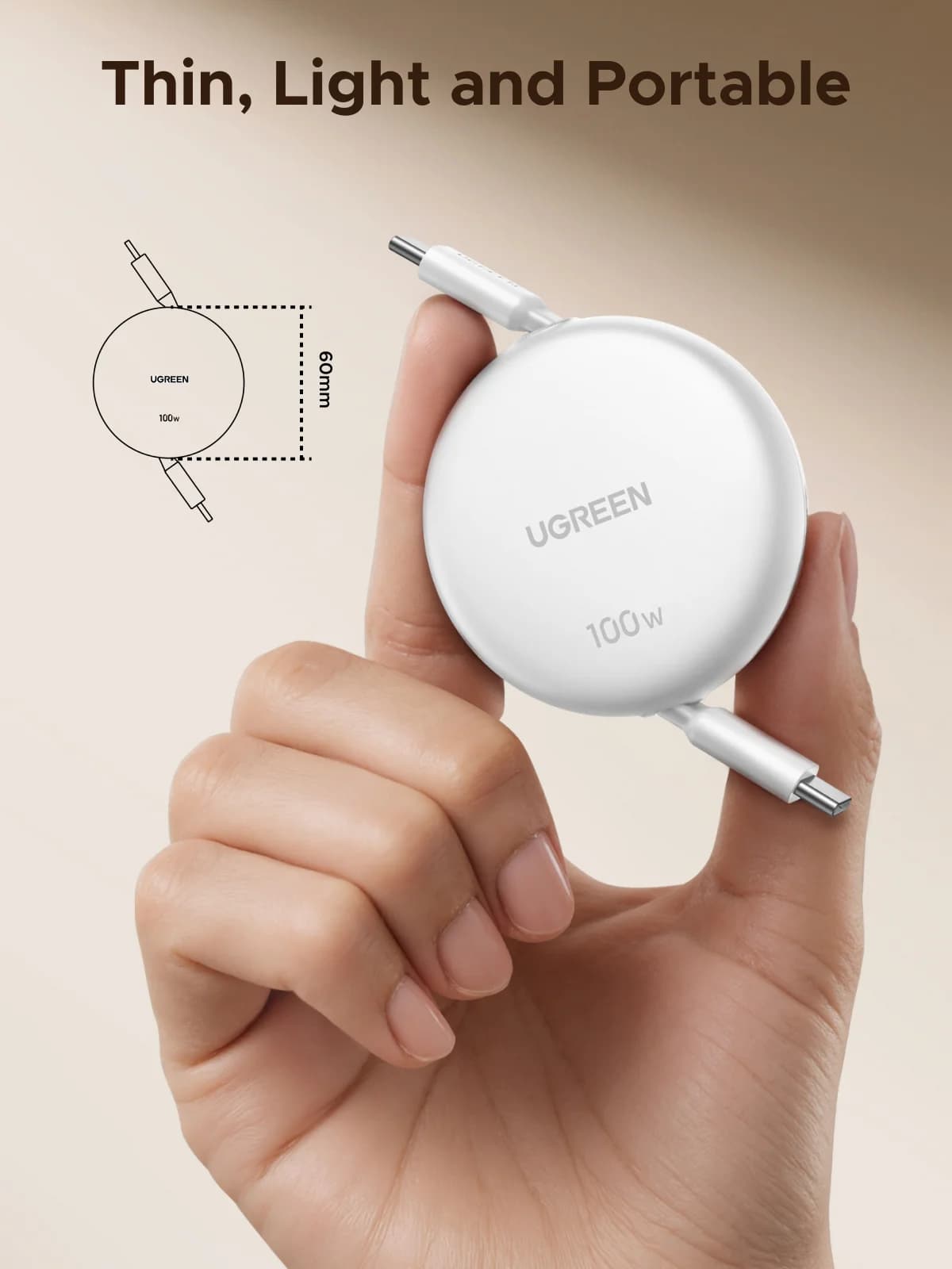 Kabel USB-C ke USB-C Boleh Tarik Balik, PD 100W