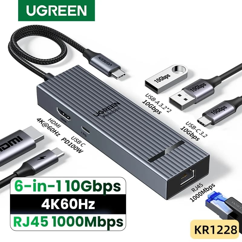 Hub USB-C 6-dalam-1, HDMI 4K, Ethernet Gigabit, PD 100W