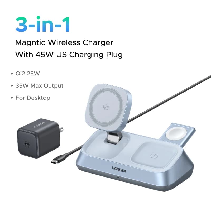 Kedudukan Pengecas Wayarless Magnetik Qi2 3-dalam-1