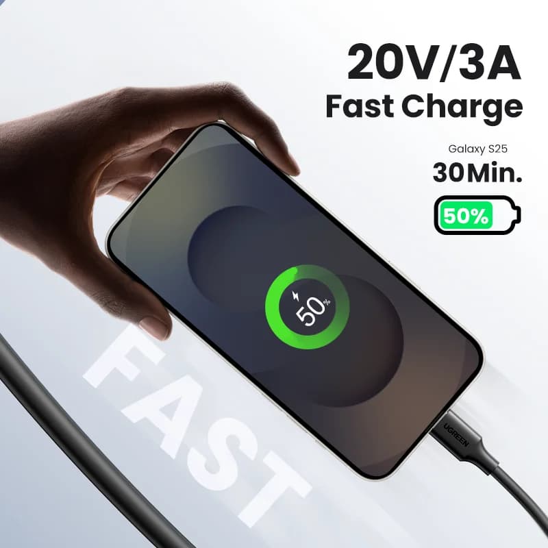 Kabel USB-C ke USB-C, Pengecasan Pantas PD 60W