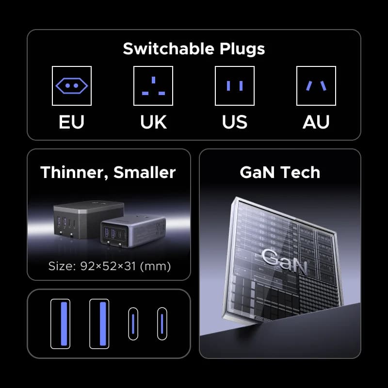 Penyesuai Perjalanan Universal GaN 45W, 4 Port