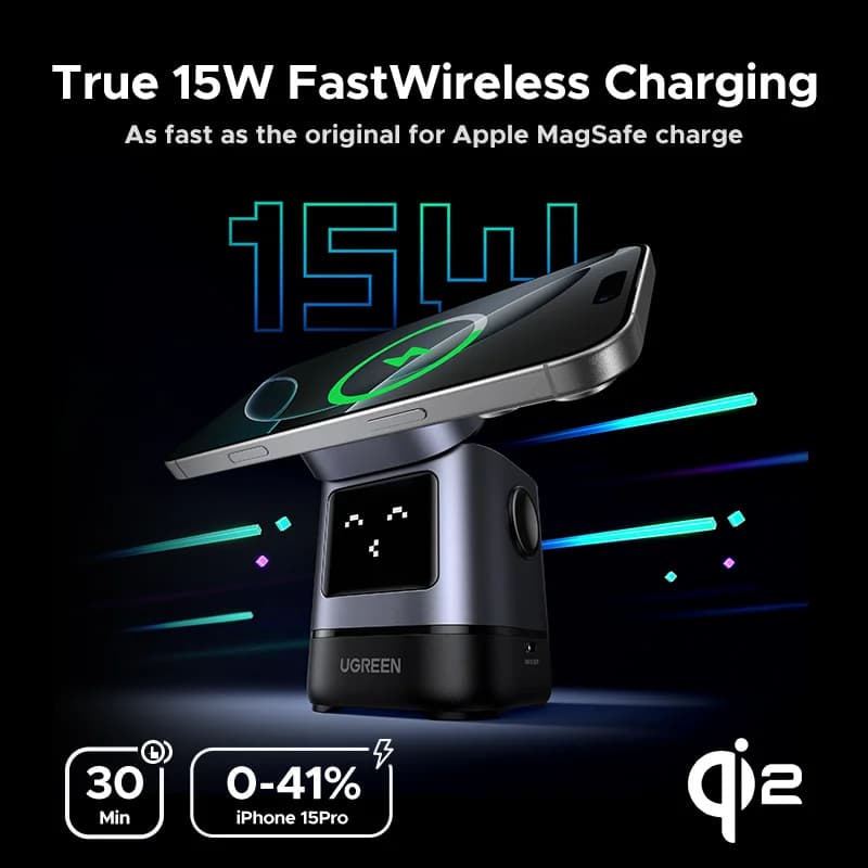 Tapak Pengecasan Wayarles Magnetik Qi2 15W Dengan Kabel