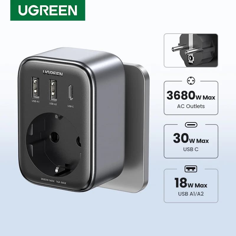 Pengecas GaN PD 30W dengan Soket AC dan Port USB