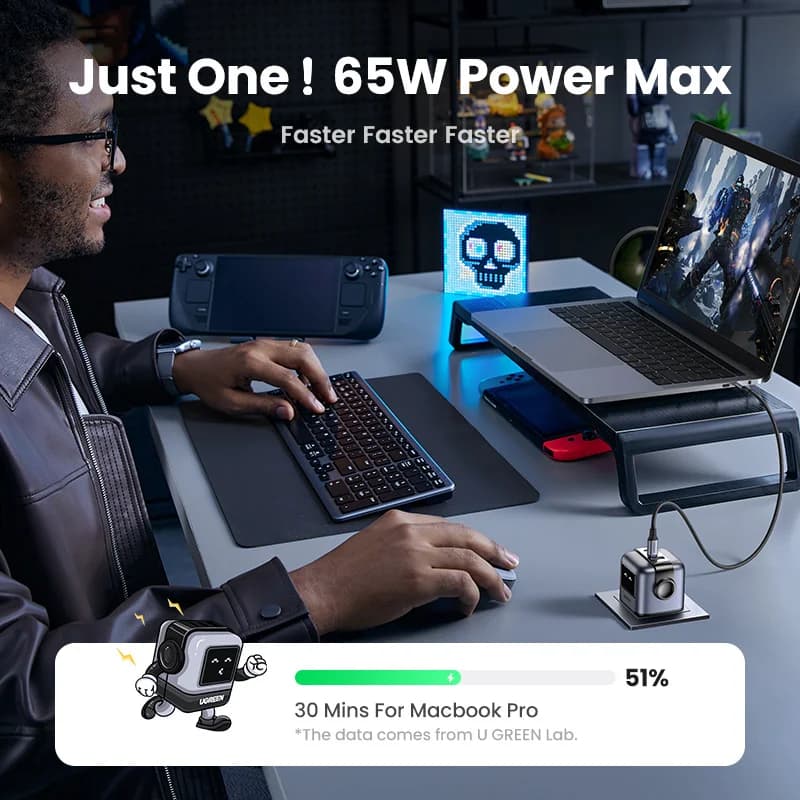 Pengecas Pantas USB-C GaN 65W dengan Palam UK